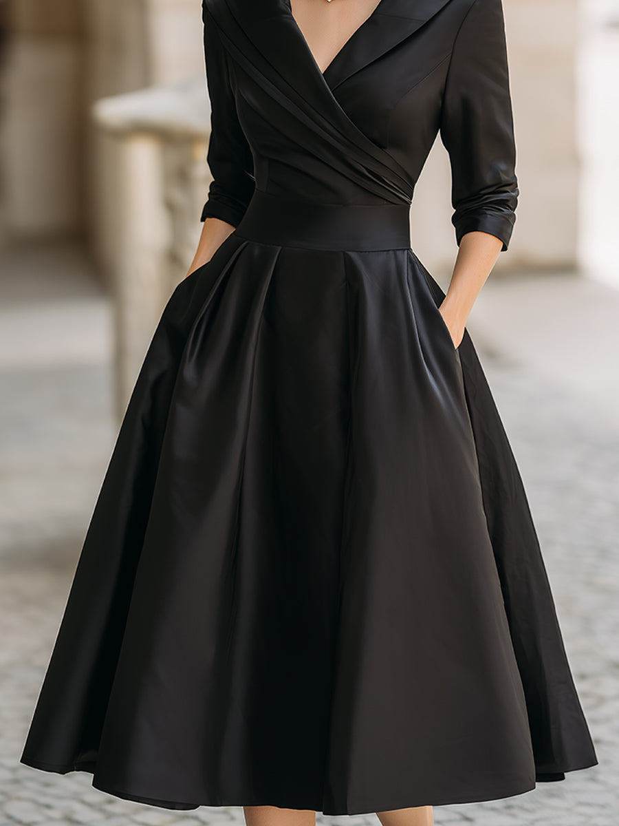 Charlotte Satin Midi Dress With Draped Collar in black