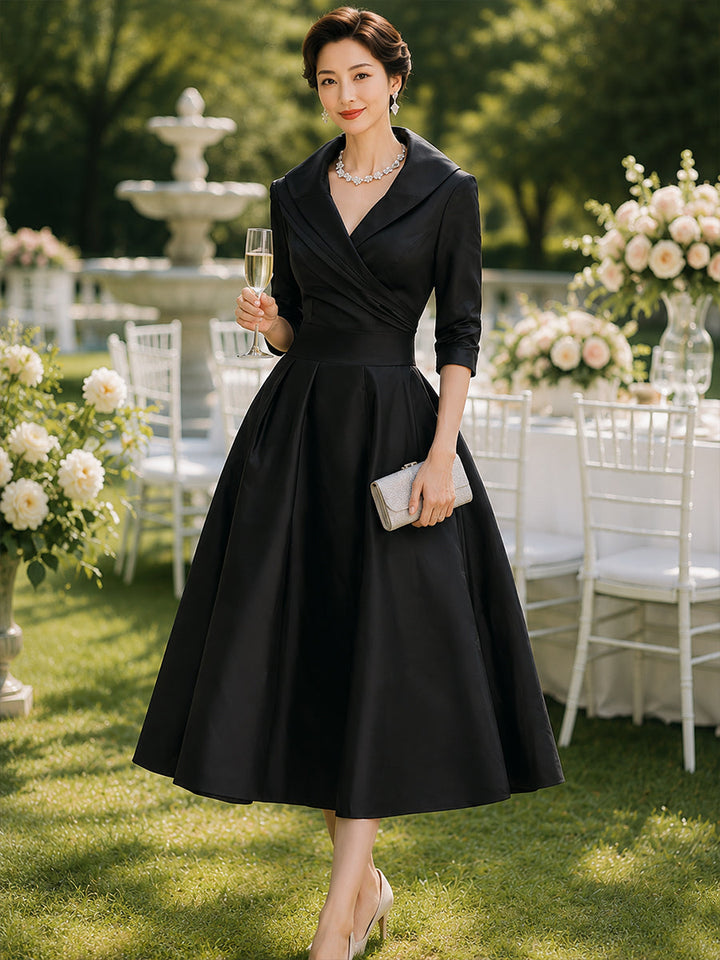 Charlotte Satin Midi Dress With Draped Collar in black