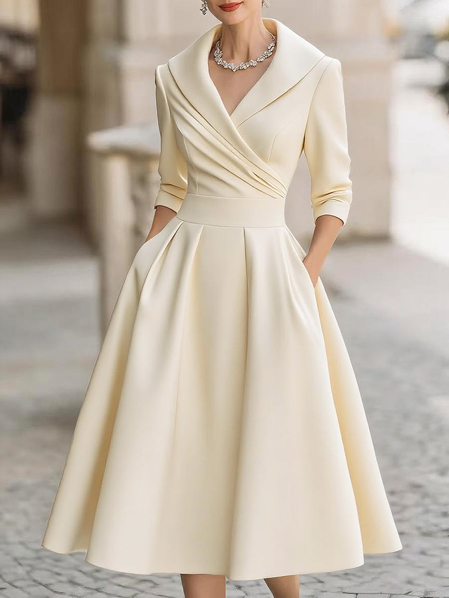 Charlotte Satin Midi Dress With Draped Collar in beige