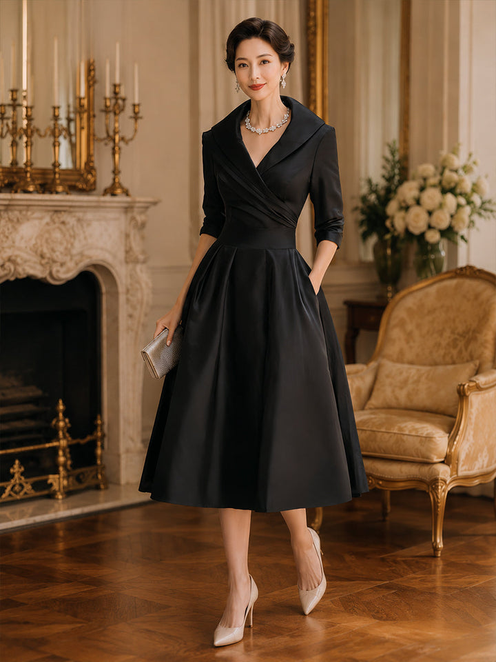 Charlotte Satin Midi Dress With Draped Collar in black