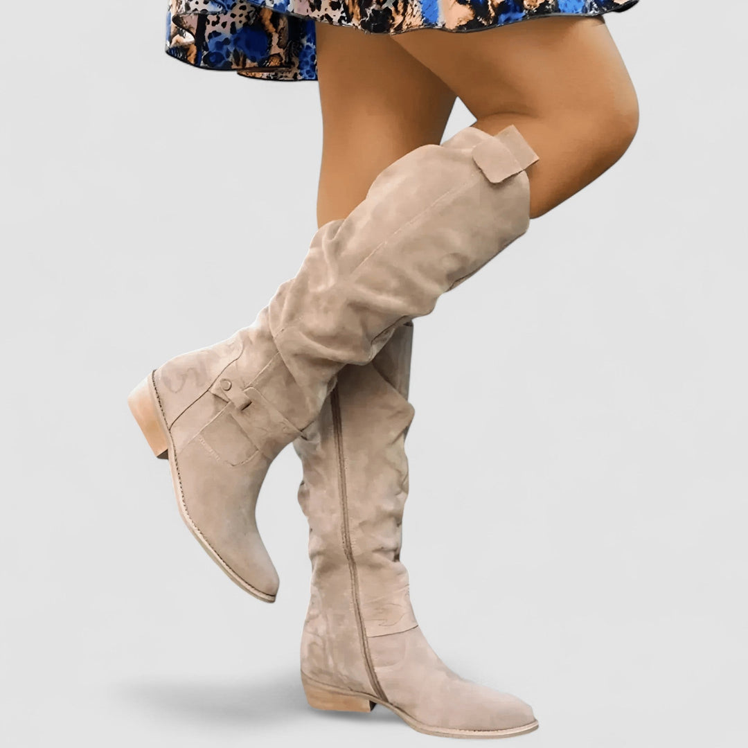 Deborah | Suede-Look Knee-High Low Heel Boots