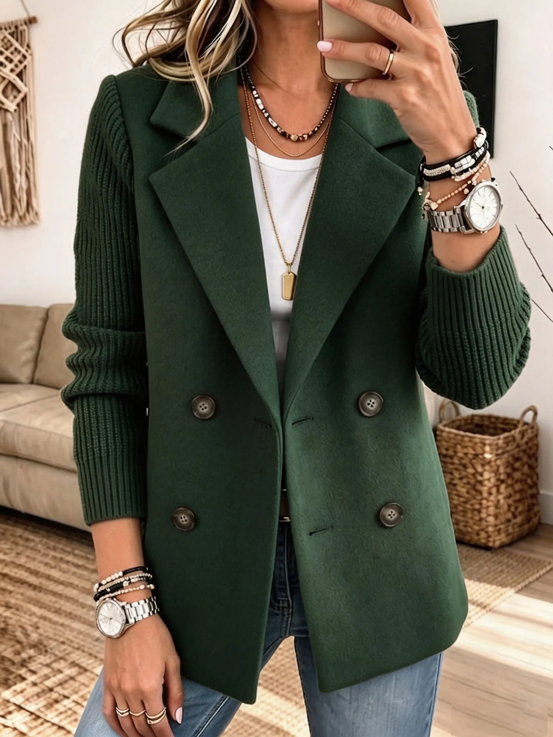 Elegant Blazer with Knit Sleeves - Green