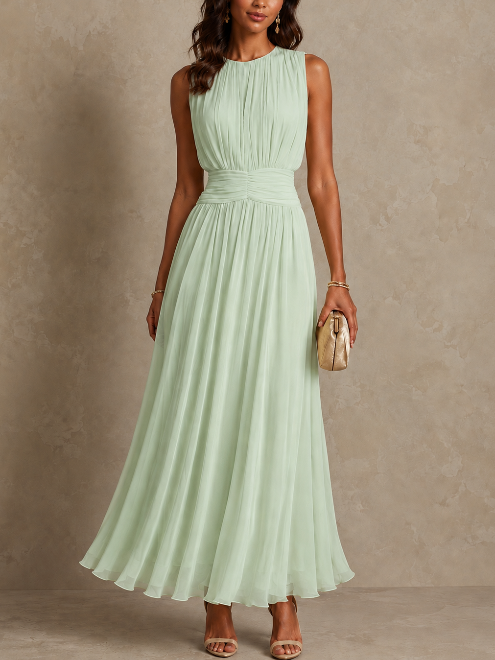 Victoria Ruched Waist Sleeveless Maxi Dress in Green, full length