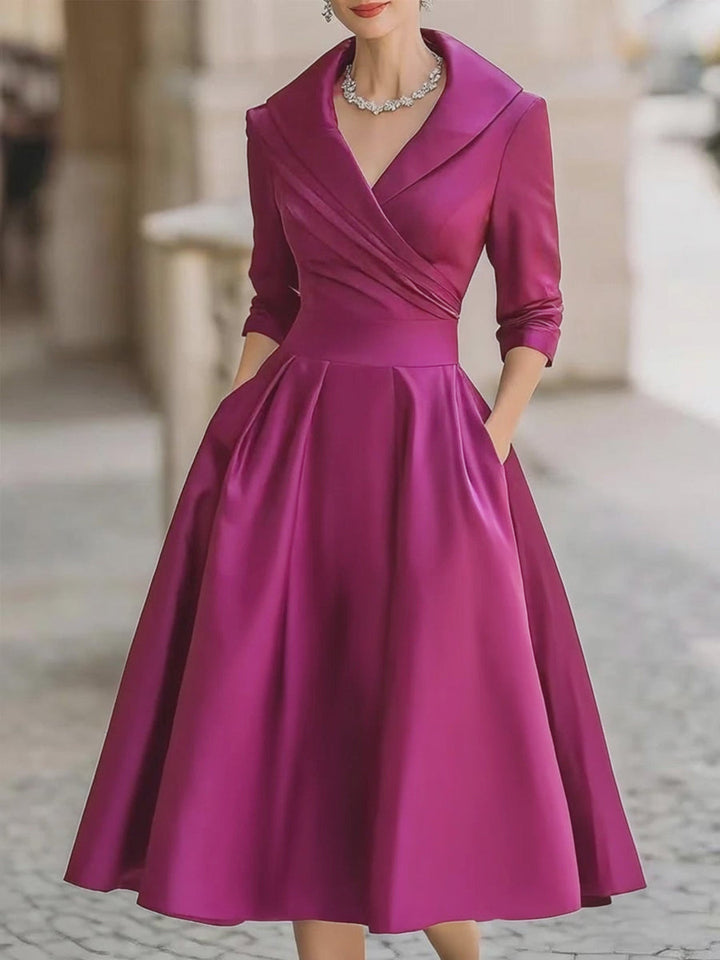 Charlotte Satin Midi Dress With Draped Collar in fuchsia