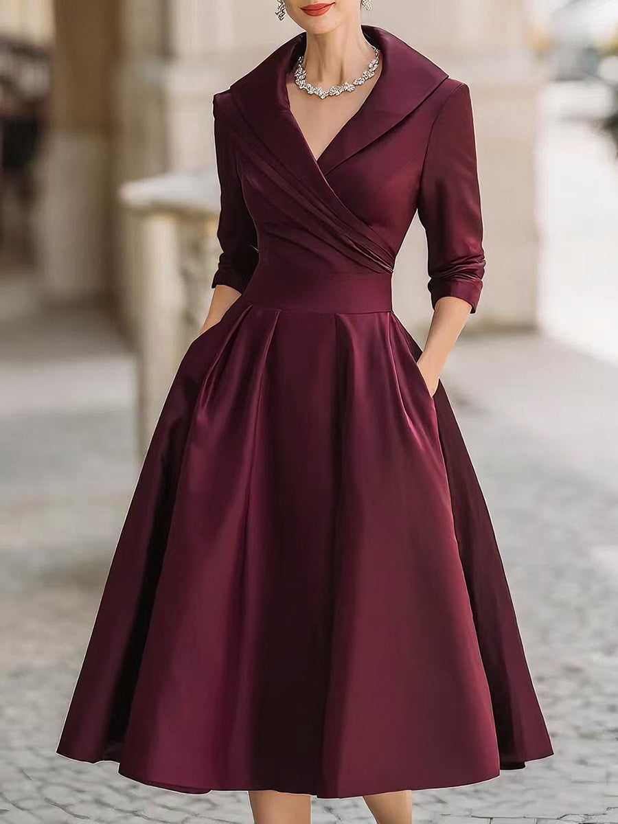 Charlotte Satin Midi Dress With Draped Collar in wine