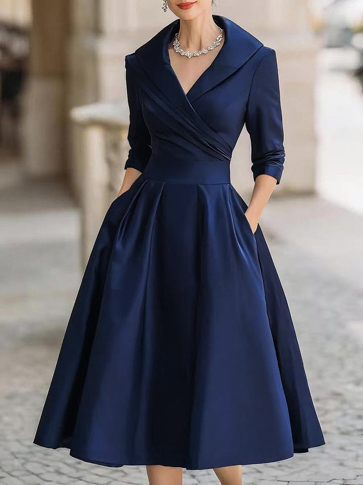 Charlotte Satin Midi Dress With Draped Collar in navy blue