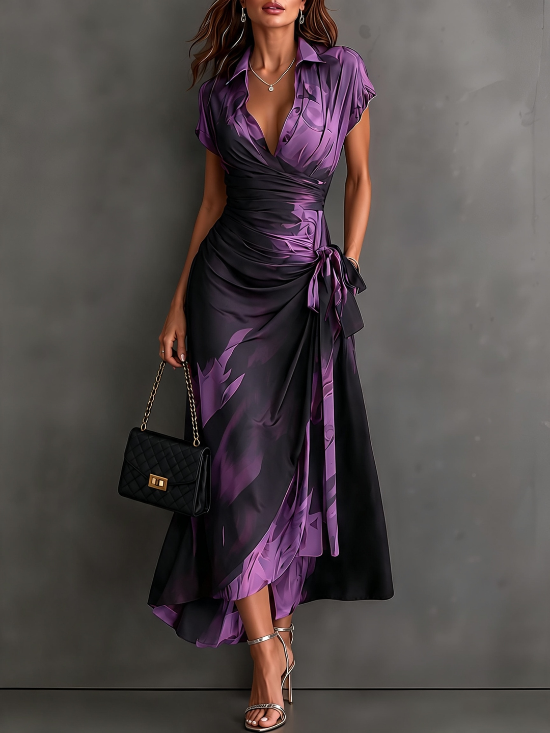 Helen | Brown Abstract Print Wrap Midi Dress