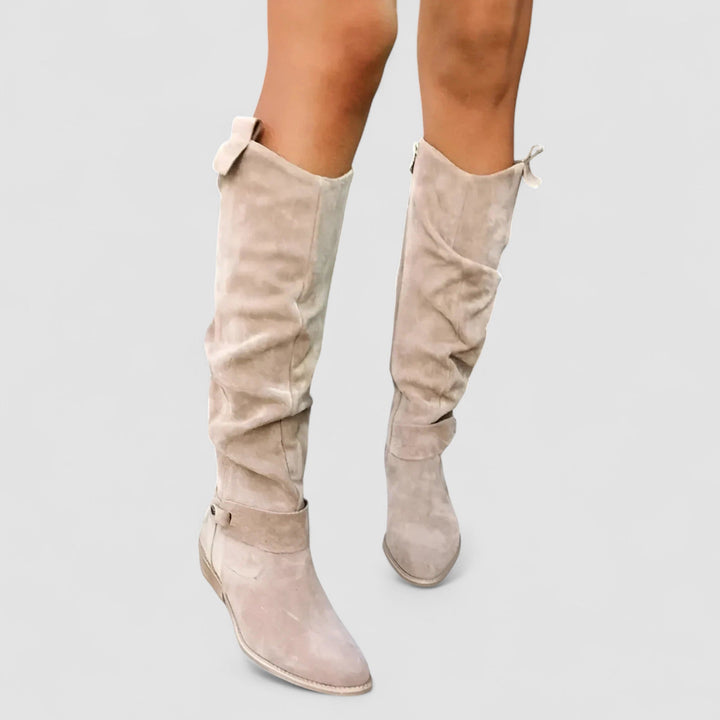 Deborah | Suede-Look Knee-High Low Heel Boots