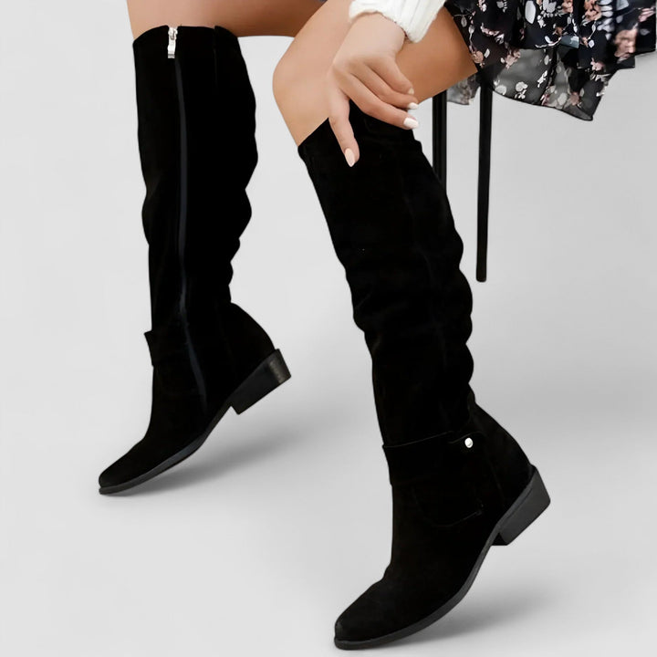 Deborah | Suede-Look Knee-High Low Heel Boots
