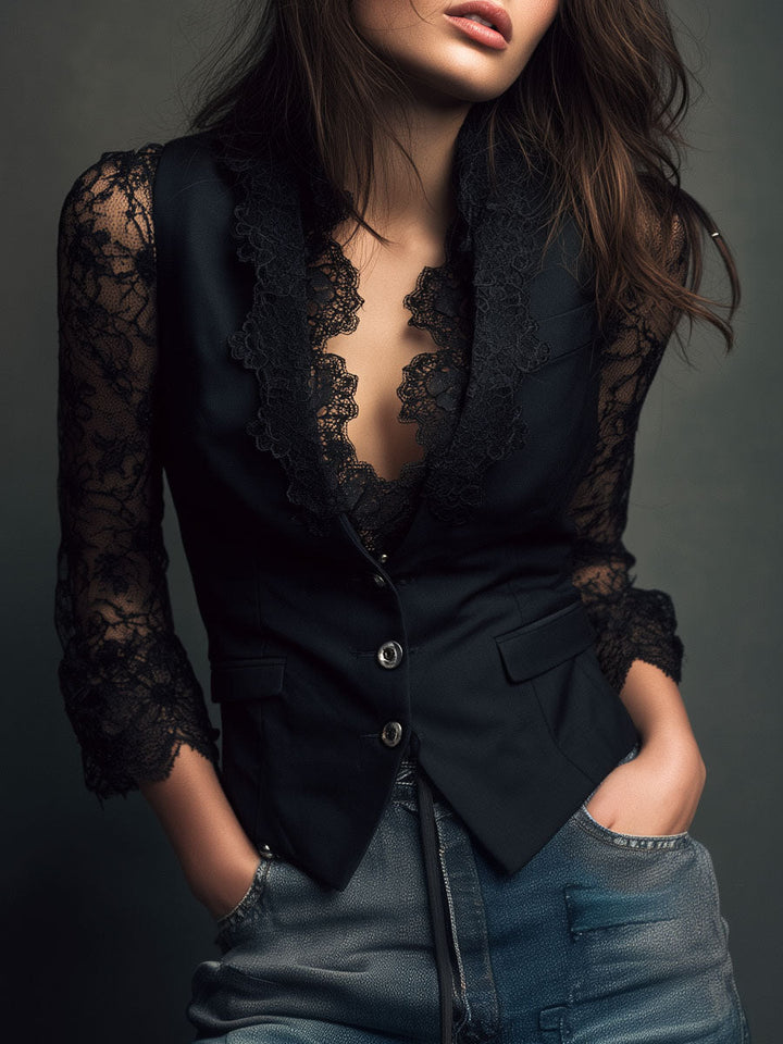 Black blazer with semi-sheer sleeves