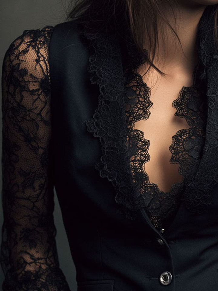 Kathleen | Black Blazer with Semi-Sheer Sleeves