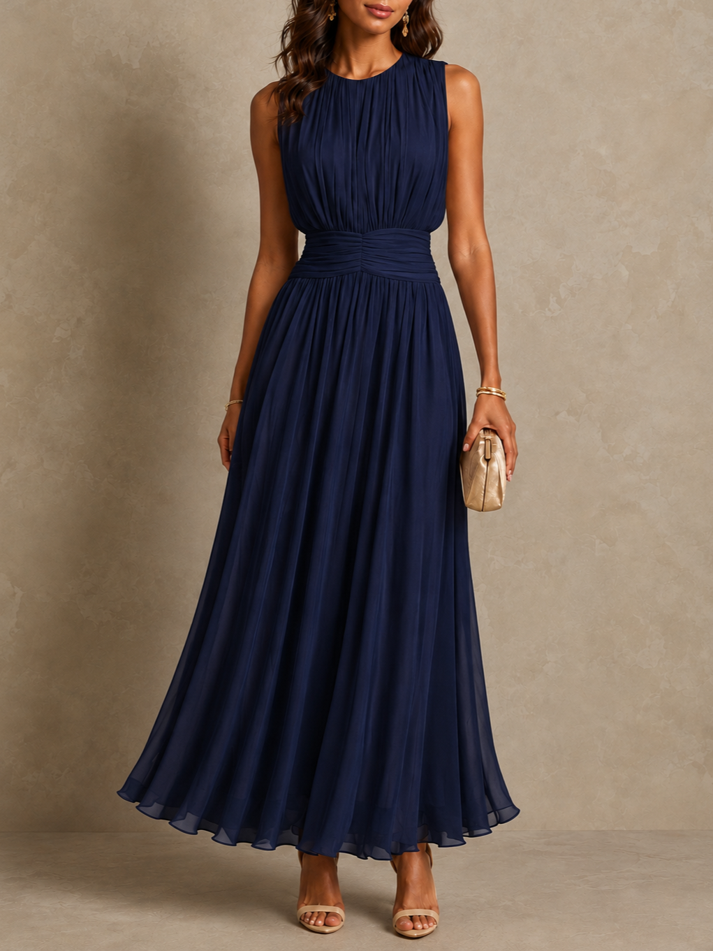 Victoria Ruched Waist Sleeveless Maxi Dress in Navy Blue, full length