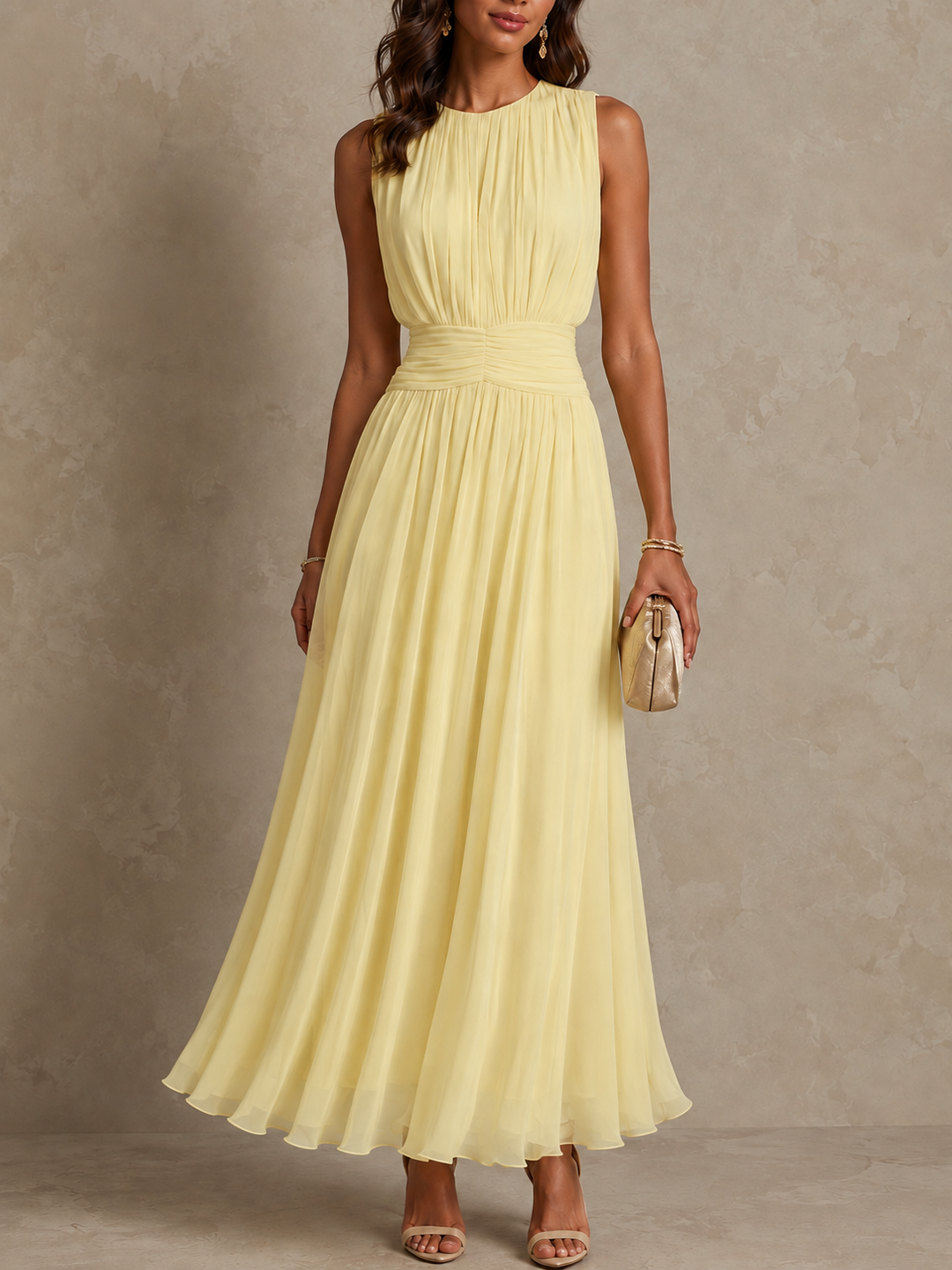 Victoria Ruched Waist Sleeveless Maxi Dress in Yellow, full length