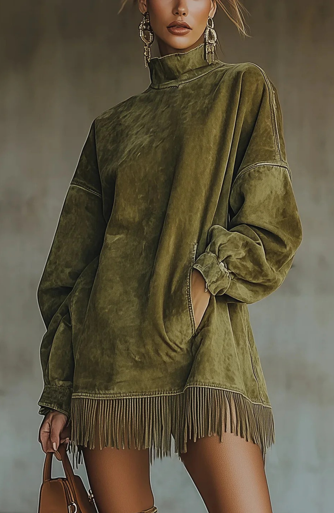 Faux Suede Oversized Dress - Green