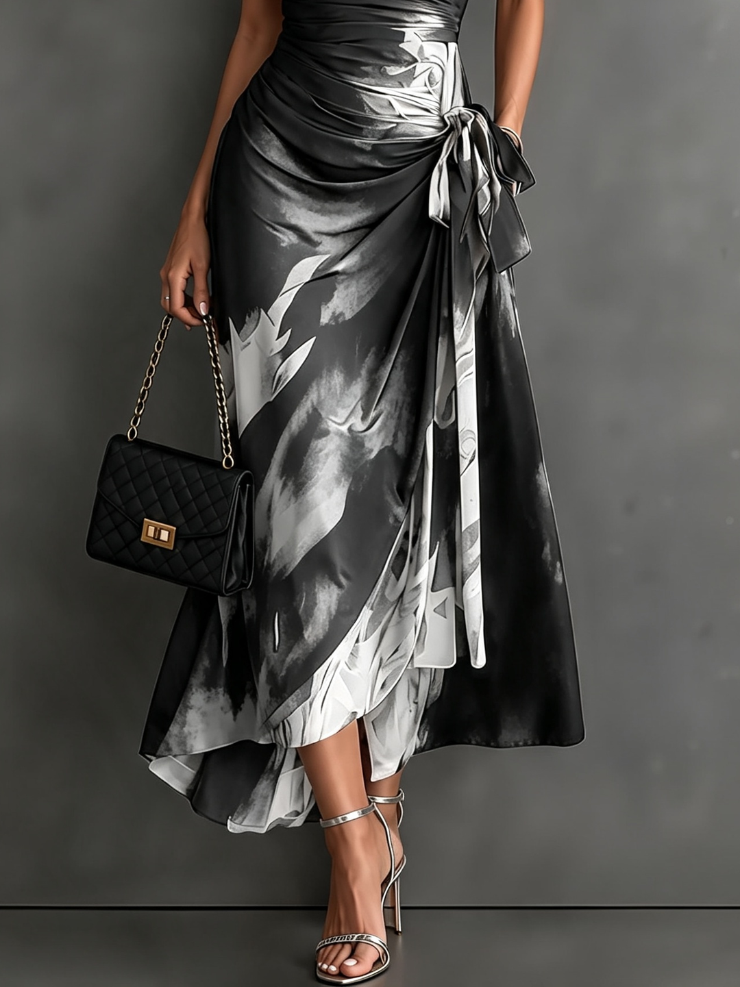 Helen | Brown Abstract Print Wrap Midi Dress
