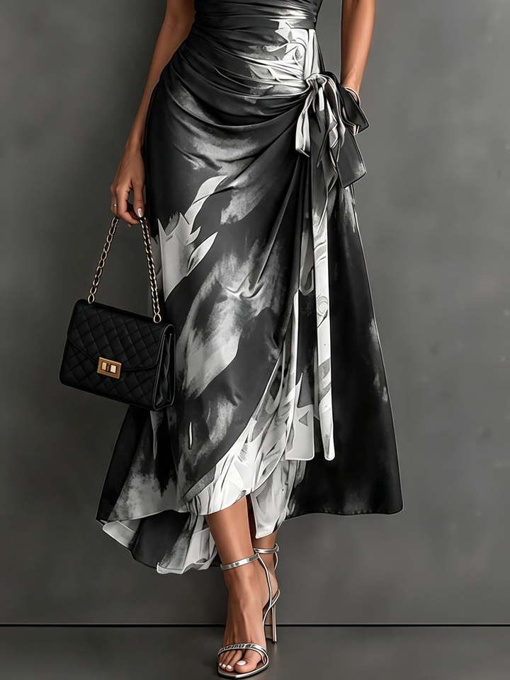 Helen | Brown Abstract Print Wrap Midi Dress