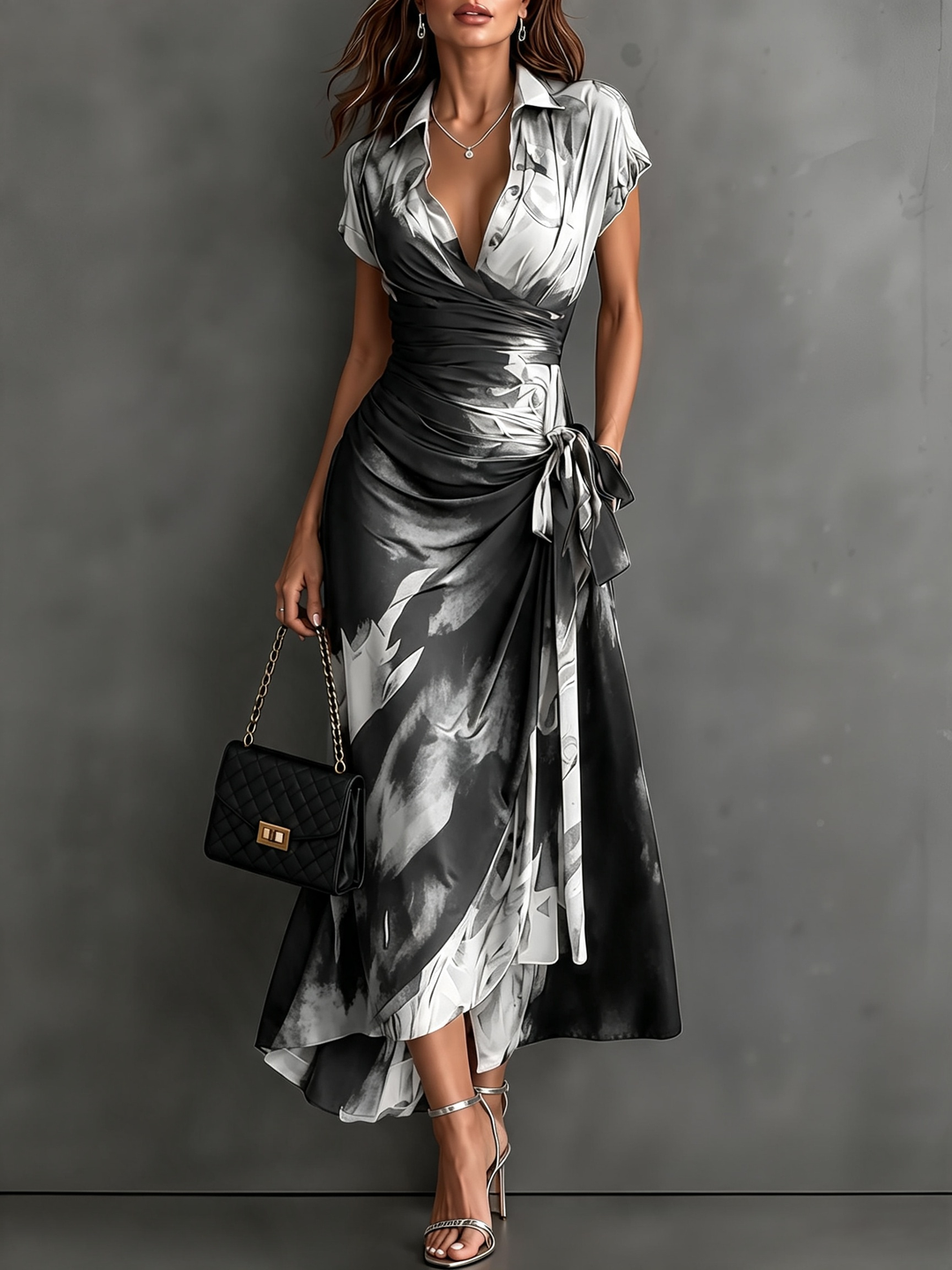 Helen | Brown Abstract Print Wrap Midi Dress