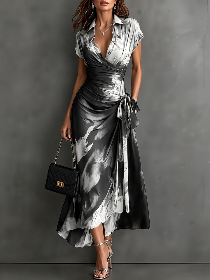 Helen | Brown Abstract Print Wrap Midi Dress