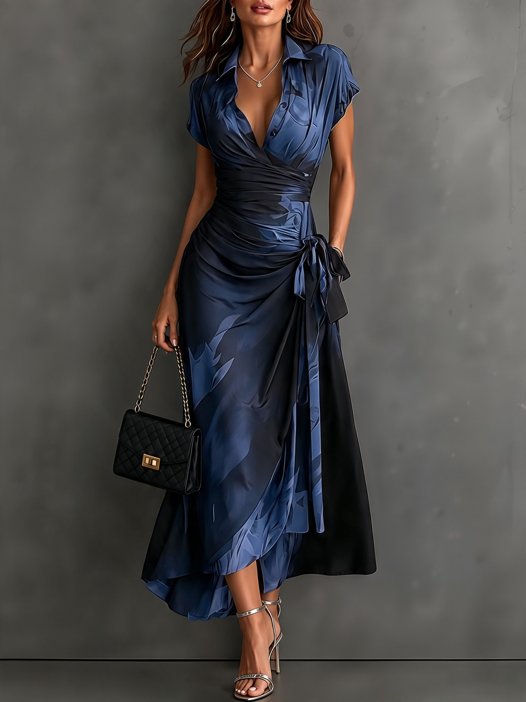 Helen | Brown Abstract Print Wrap Midi Dress
