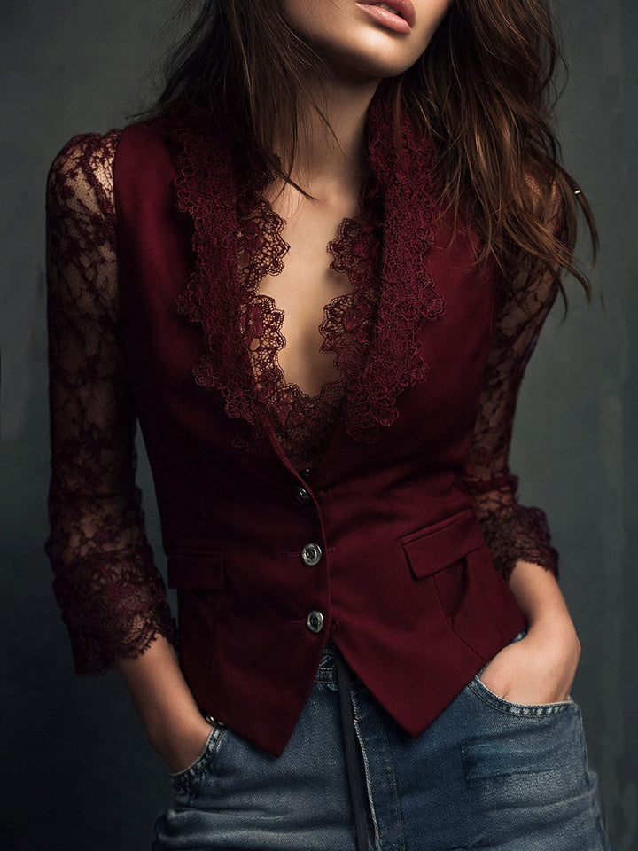 Burgundy blazer with semi-sheer sleeves