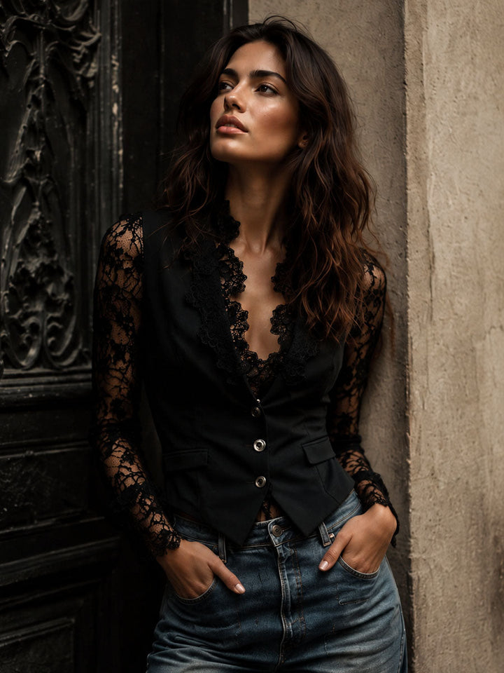 Kathleen | Black Blazer with Semi-Sheer Sleeves