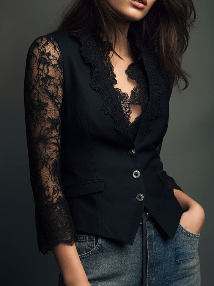 Kathleen | Black Blazer with Semi-Sheer Sleeves