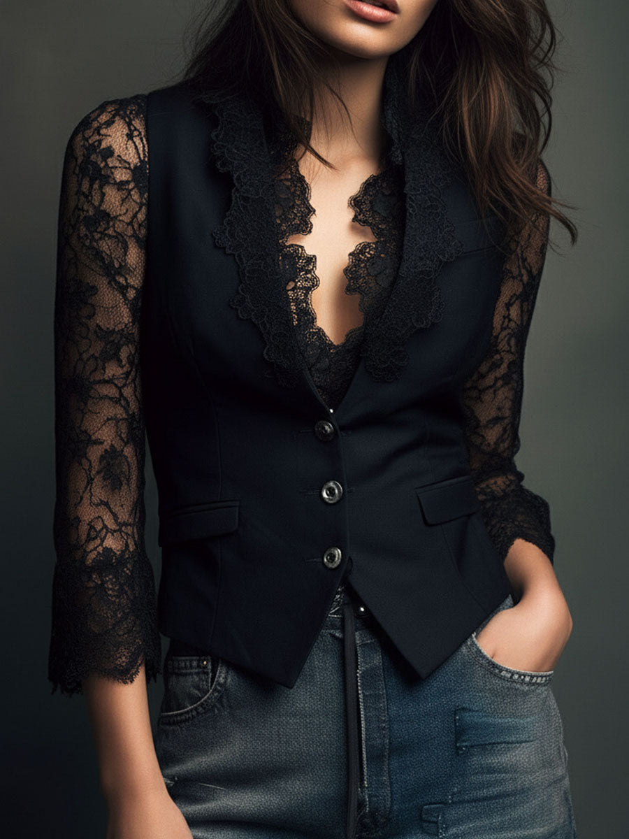 Kathleen | Black Blazer with Semi-Sheer Sleeves