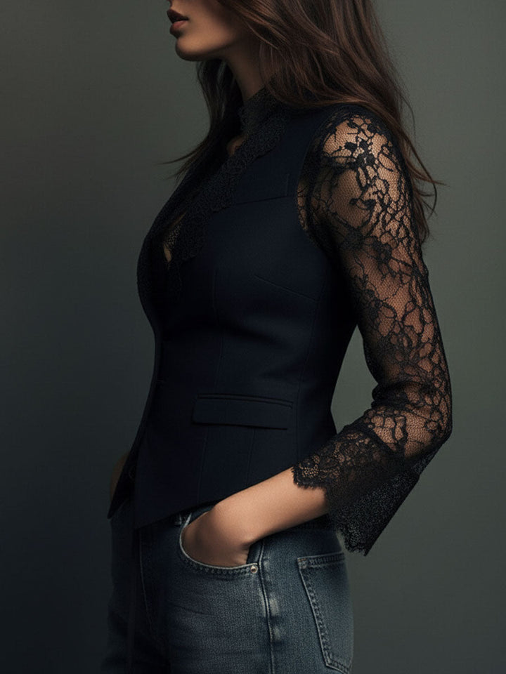 Kathleen | Black Blazer with Semi-Sheer Sleeves