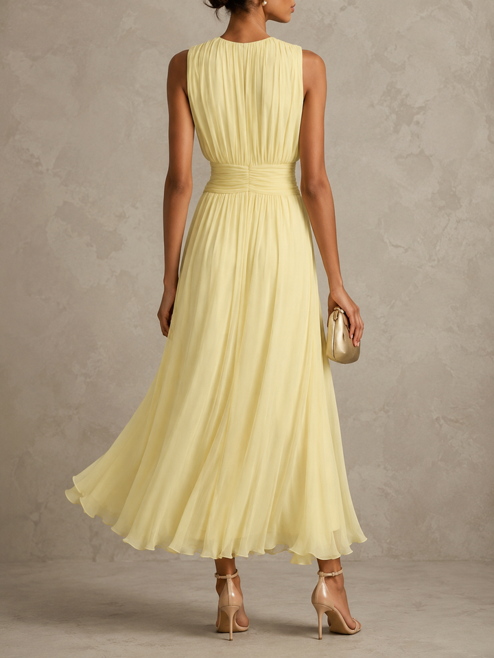 Victoria Ruched Waist Sleeveless Maxi Dress in Yellow, back view