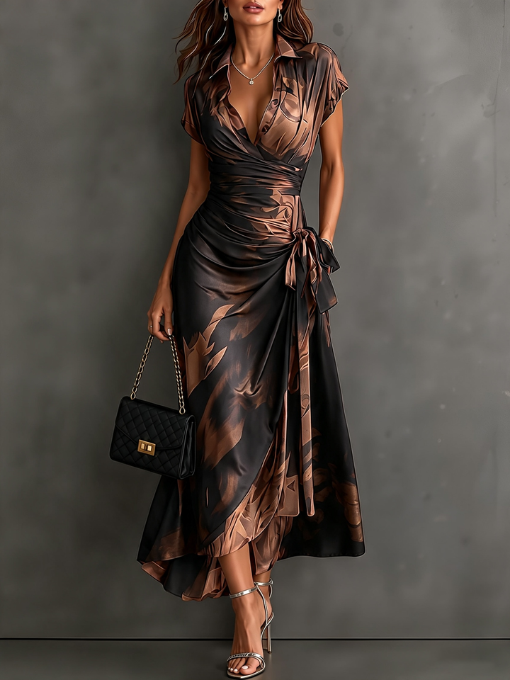 Helen | Brown Abstract Print Wrap Midi Dress