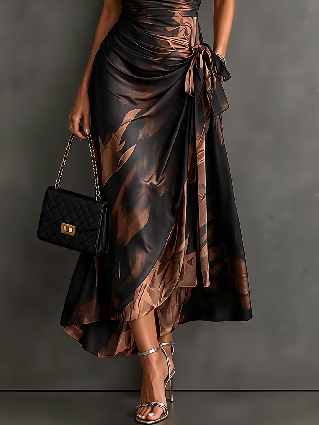 Helen | Brown Abstract Print Wrap Midi Dress