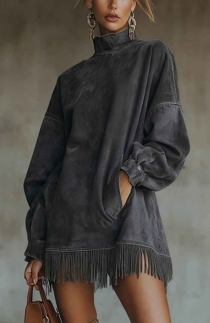 Faux Suede Oversized Dress - Black