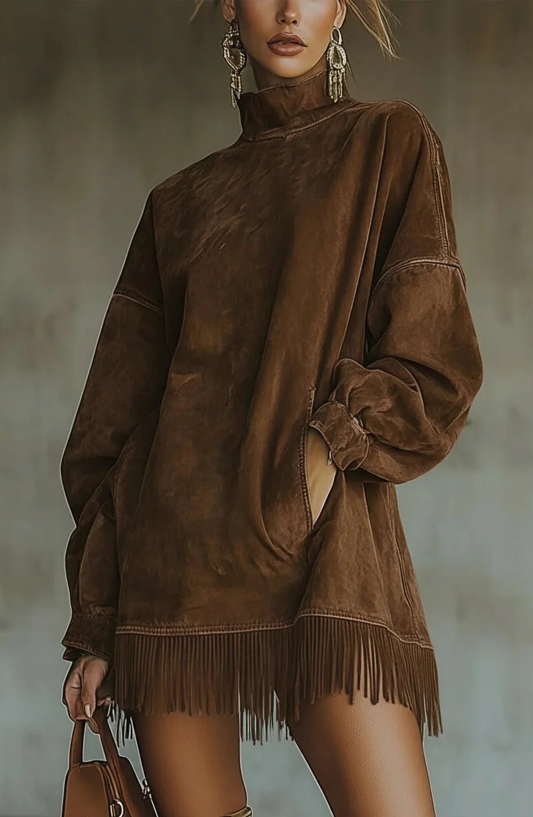 Faux Suede Oversized Dress - Brown