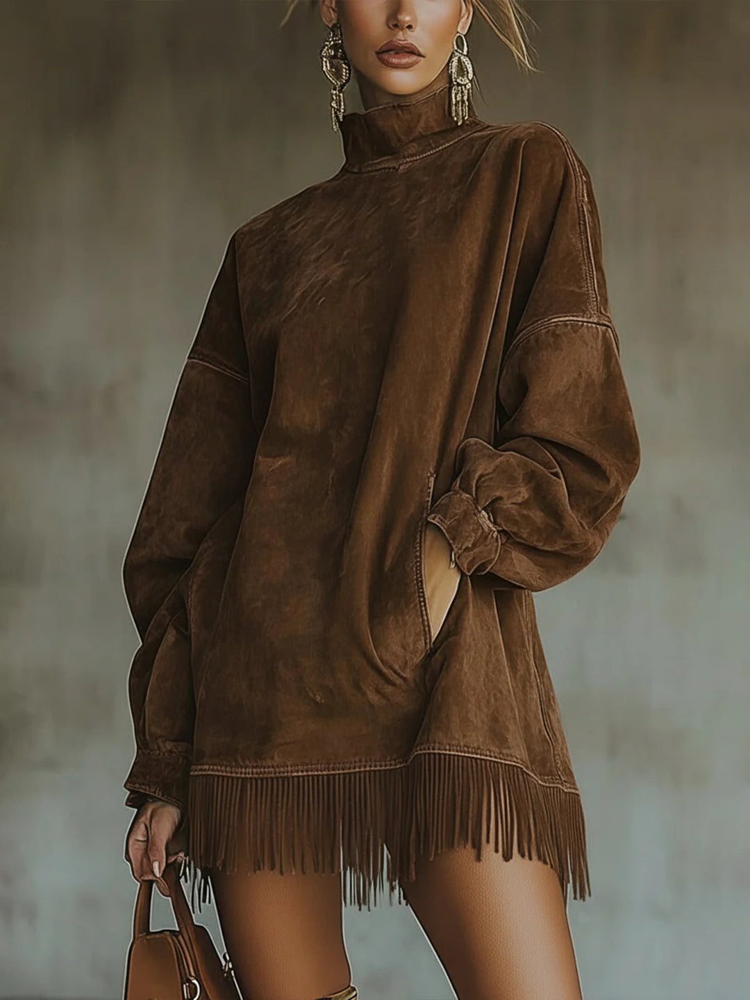 Marie | High-Neck Suede Dress with Fringe