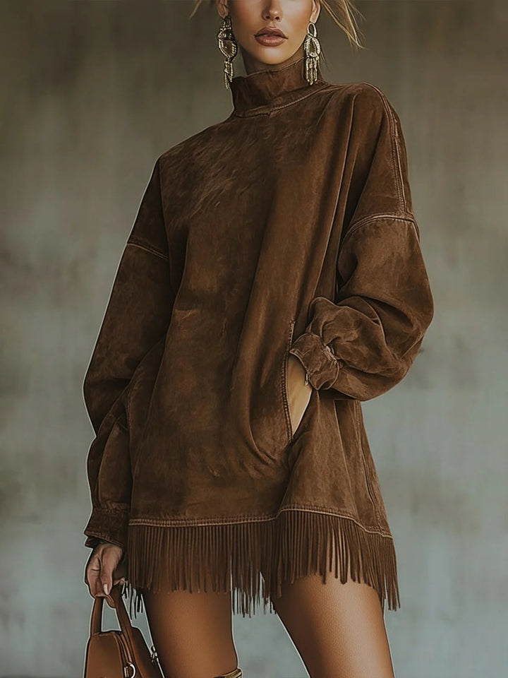 Marie | High-Neck Suede Dress with Fringe
