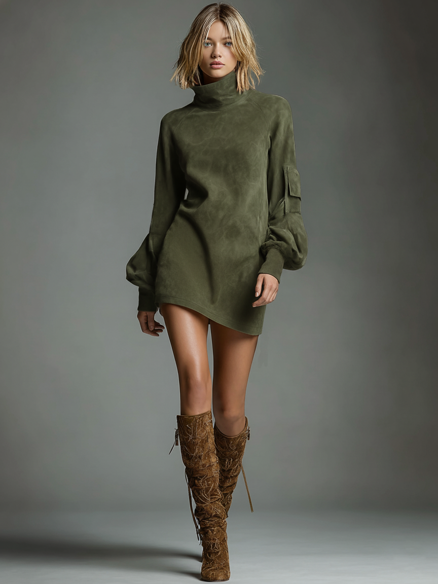 Betty Vintage Suede Turtleneck Mini Dress - Army Green