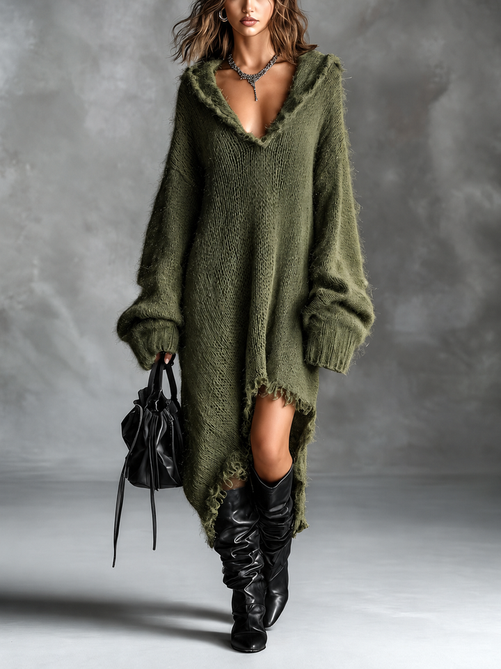 Victoria Oversized Hooded Knit Dress in Army Green