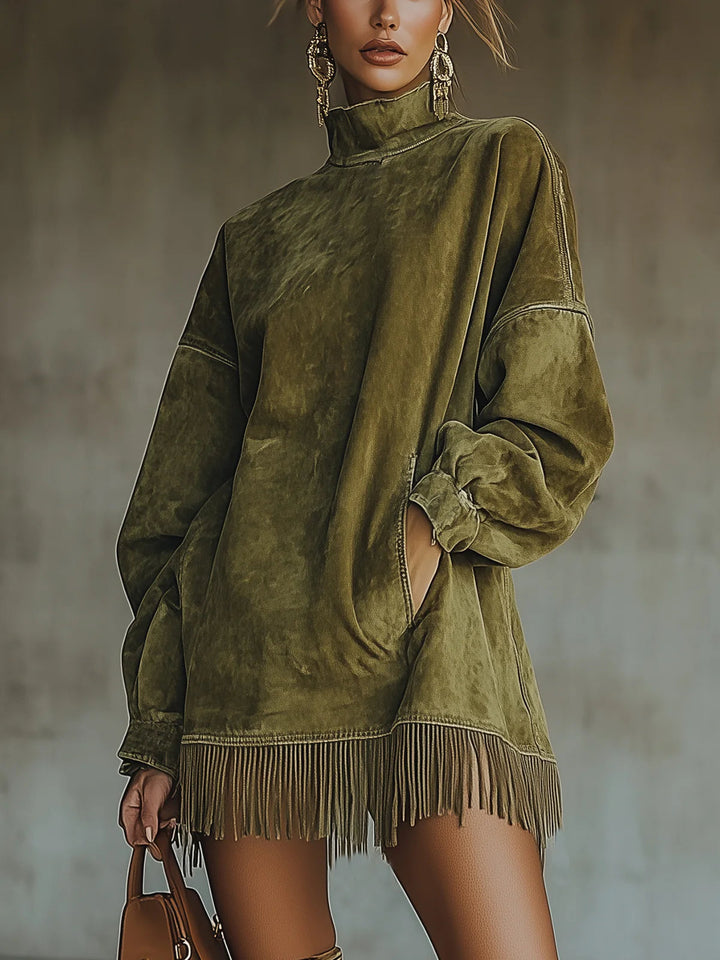 Marie | High-Neck Suede Dress with Fringe