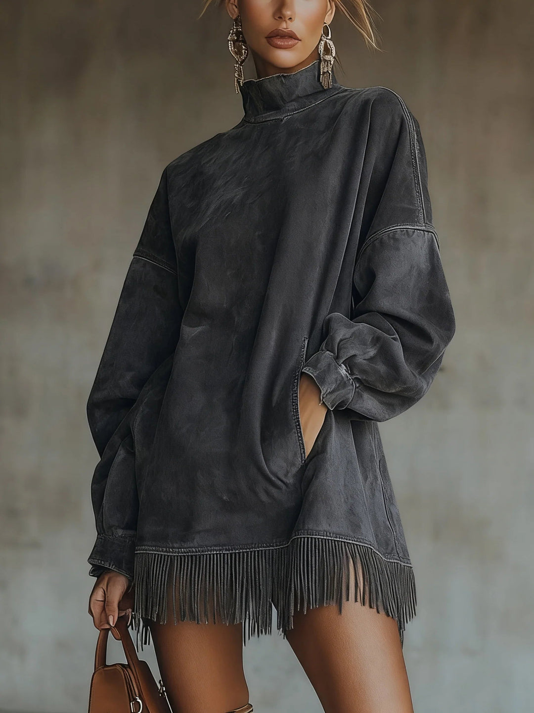 Marie | High-Neck Suede Dress with Fringe