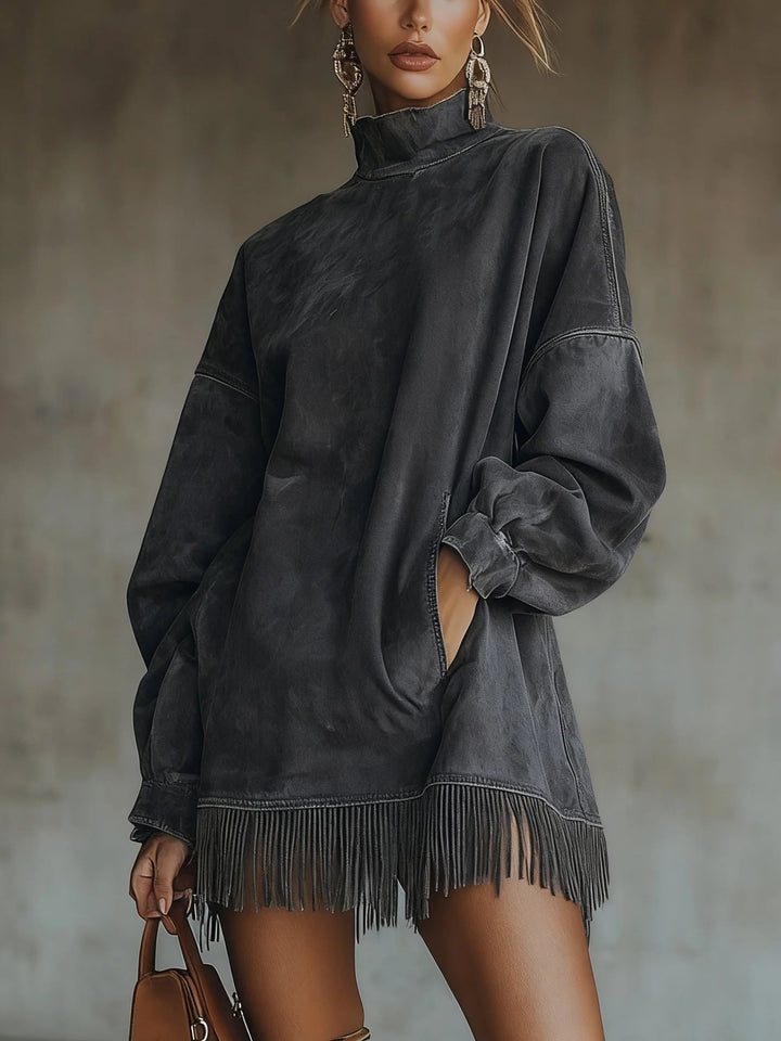 Marie | High-Neck Suede Dress with Fringe