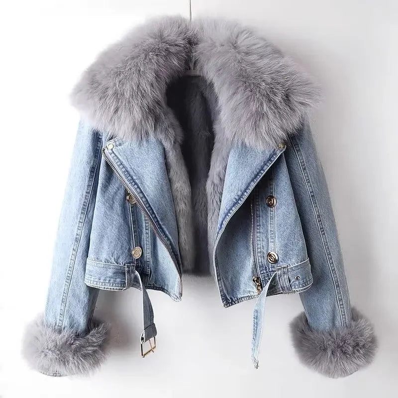 Light Blue fur-lined denim coat