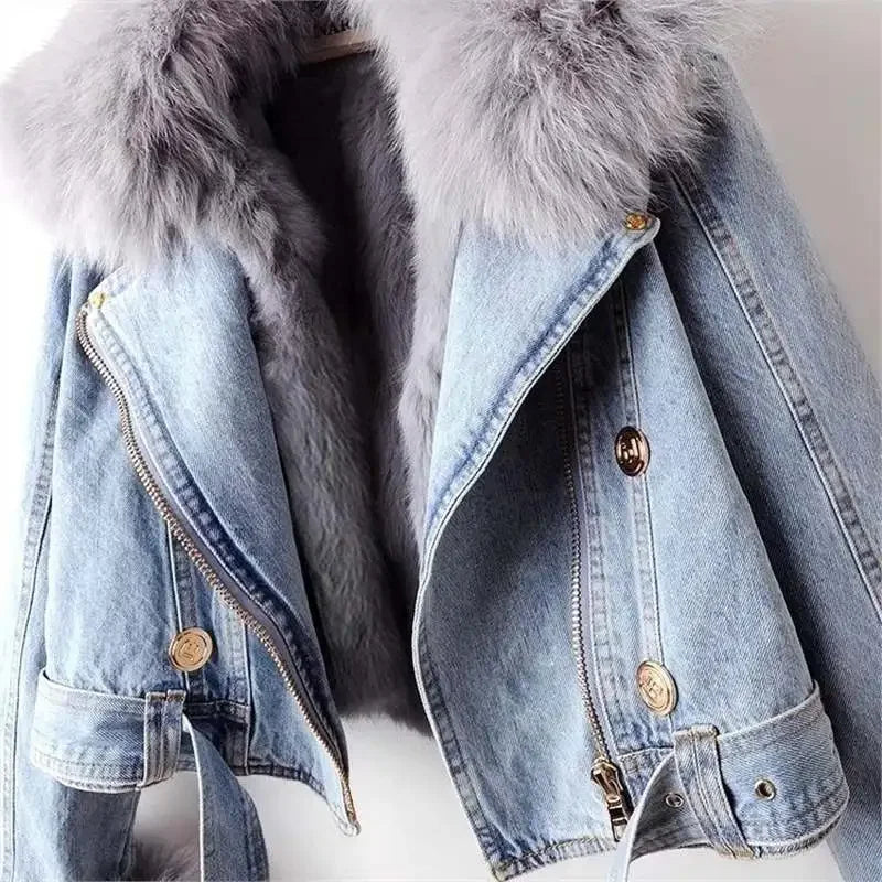 Fur-lined denim coat detail