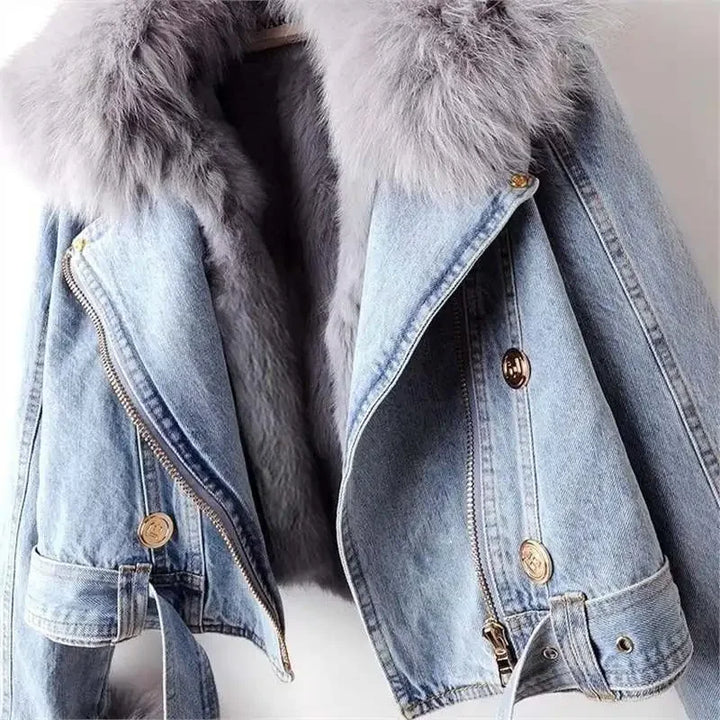Fur-lined denim coat detail