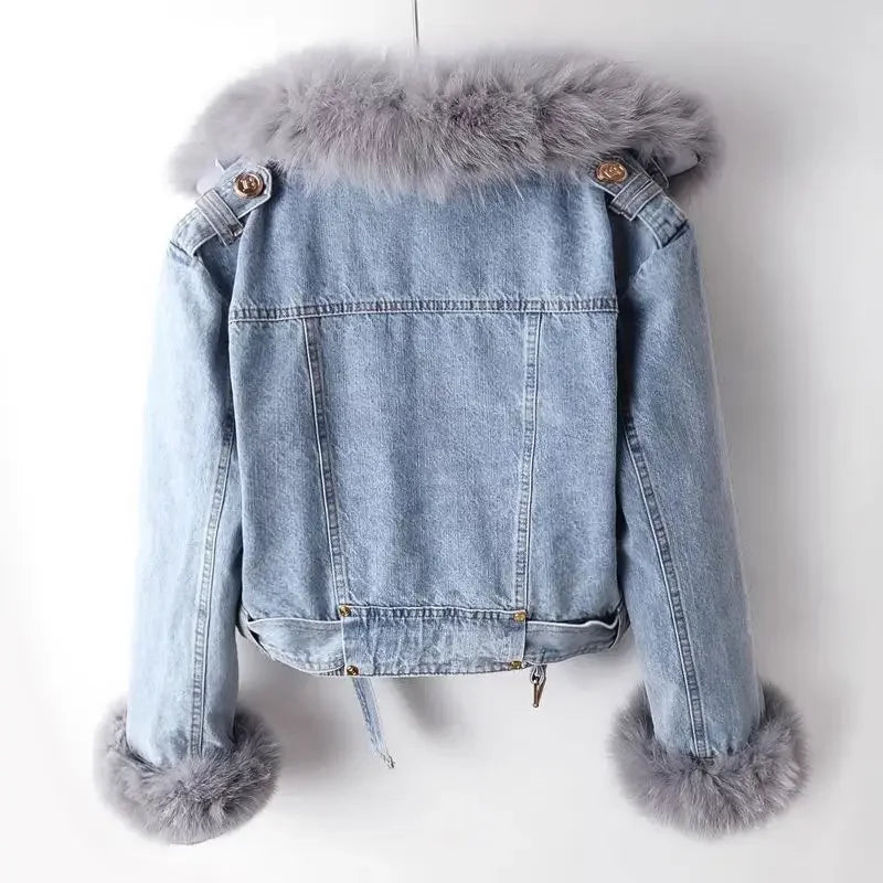 Fur-lined denim coat detail