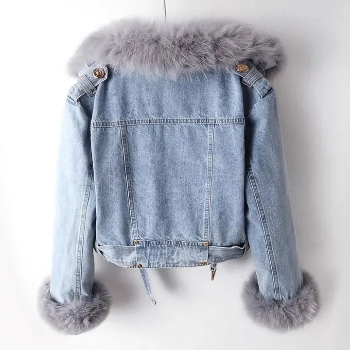Fur-lined denim coat detail