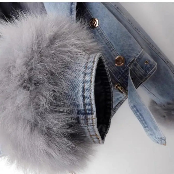 Fur-lined denim coat detail
