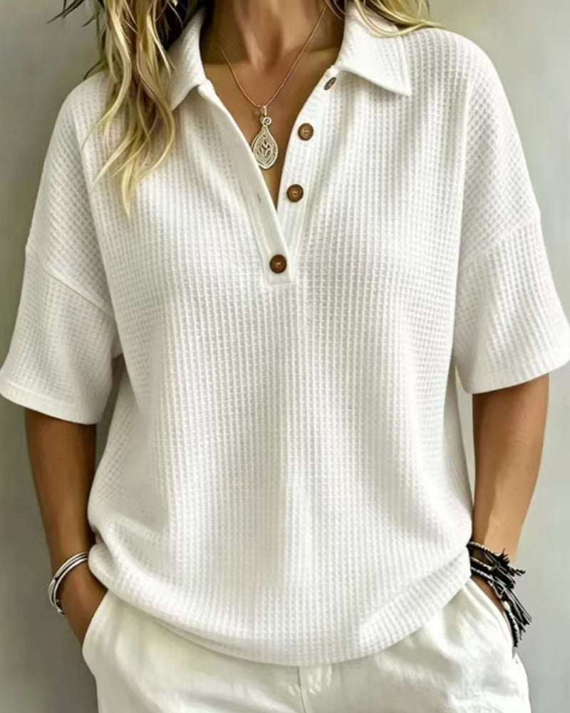 Virginia Relaxed Waffle Polo Top - White