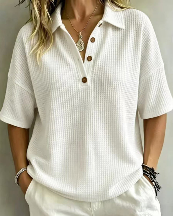 Virginia Relaxed Waffle Polo Top - White