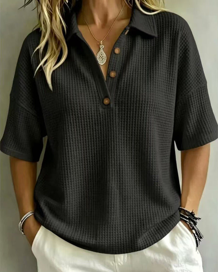Virginia Relaxed Waffle Polo Top - Black