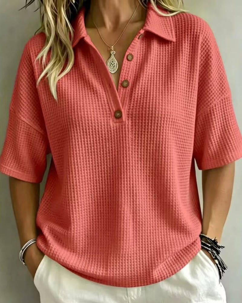 Virginia Relaxed Waffle Polo Top - Coral Red